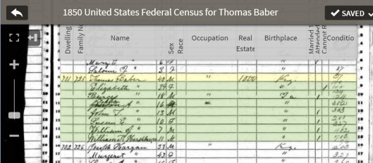 Thomas Baber in 1850 census